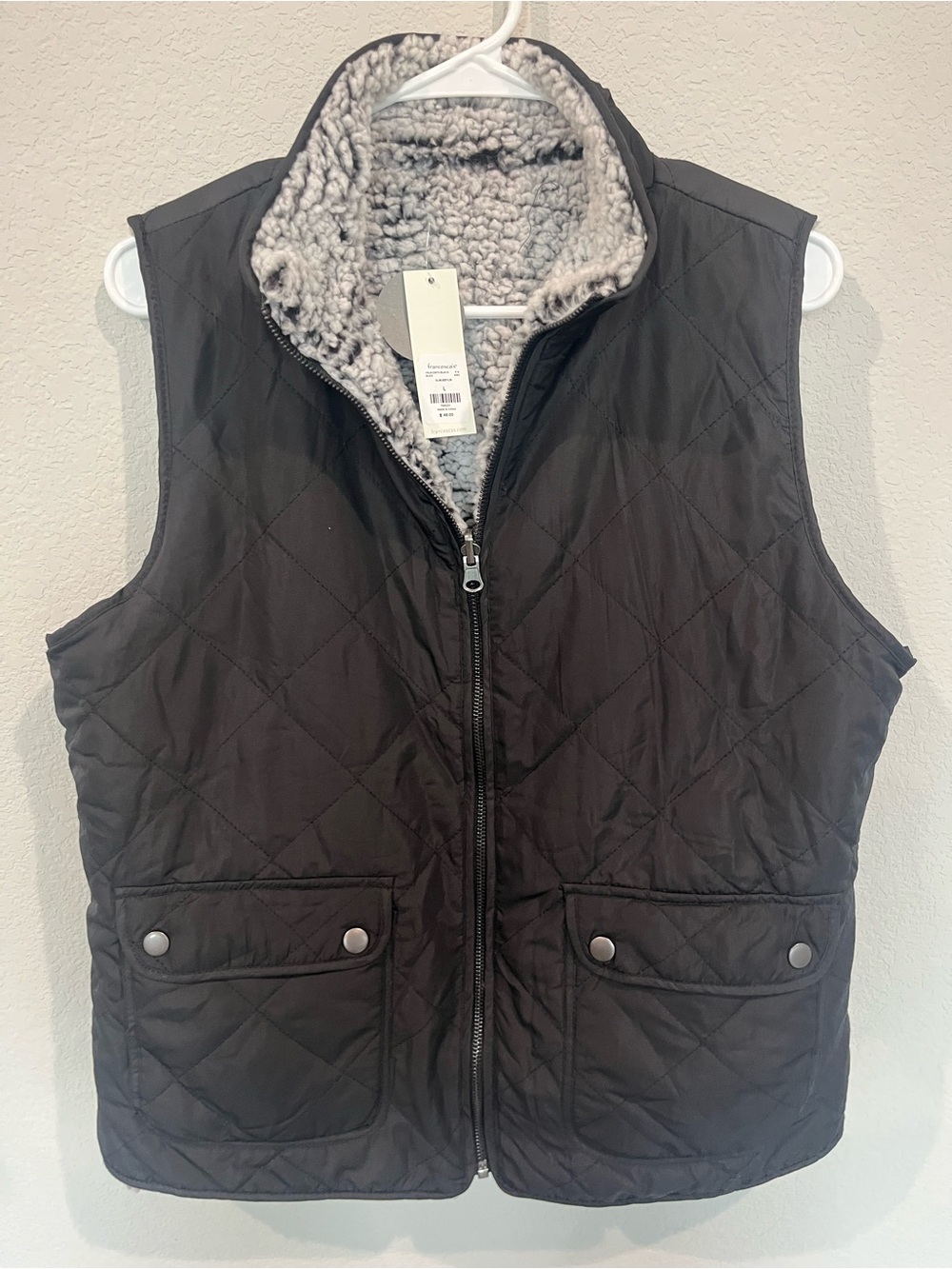 Francesca's Black and Gray Reversible Sherpa-Lined Vest